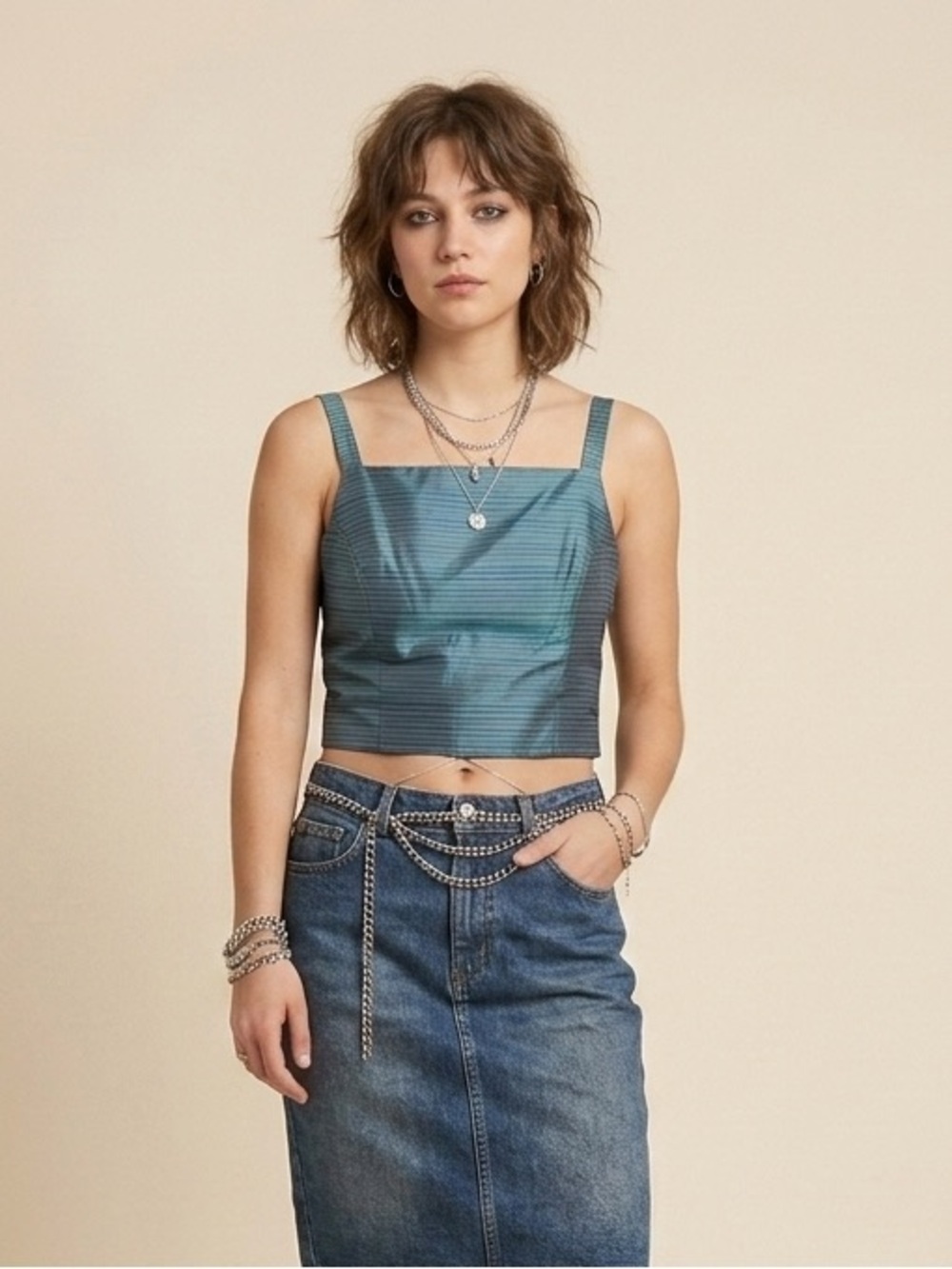 90s Vintage Blue Striped Women's Crop Top